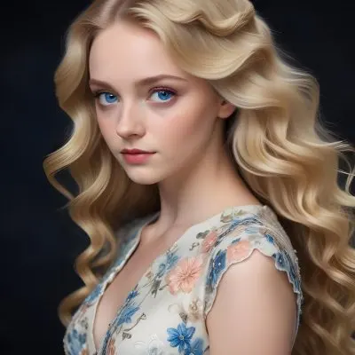 Blonde Girl With Long Wavy Hair And Blue Eyes Wearing A Light Colored Intricately Designed Dress With Floral Details The Background Is Dark Emphasizing Her Features And The Elegance Of Her Outfit 86 6190