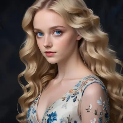 Blonde Girl With Long Wavy Hair And Blue Eyes Wearing A Light Colored Intricately Designed Dress With Floral Details The Background Is Dark Emphasizing Her Features And The Elegance Of Her Outfit 87 7838