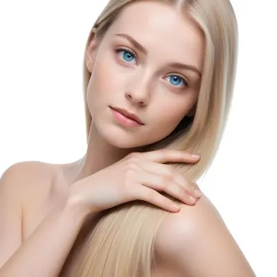 Blonde Woman In Her 20s With Fair Skin And Blue Eyes Gently Holding Her Long Straight Hair With One Hand While Looking Directly At The Camera The Background Is Plain White 3 368d