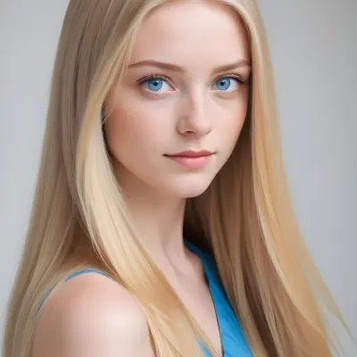Blonde Woman In Her 20s With Fair Skin And Blue Eyes Gently Holding Her Long Straight Hair With One Hand While Looking Directly At The Camera The Background Is Plain White 4 E265