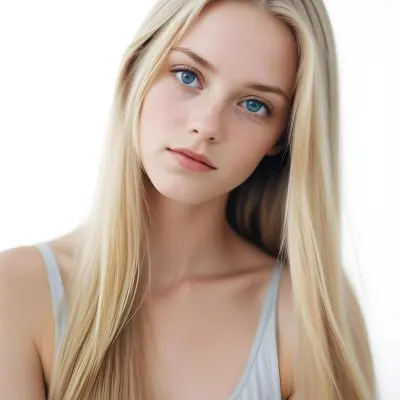 Blonde Woman In Her 20s With Fair Skin And Blue Eyes Gently Holding Her Long Straight Hair With One Hand While Looking Directly At The Camera The Background Is Plain White 47 5097