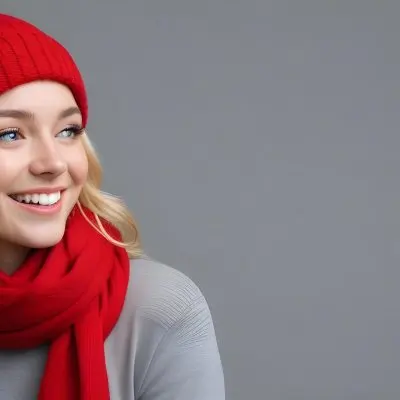 Blonde Woman In Her 20s With Fair Skin Wearing A Red Knit Beanie And A Matching Red Scarf Smiling Brightly Against A Gray Background 103 1d22