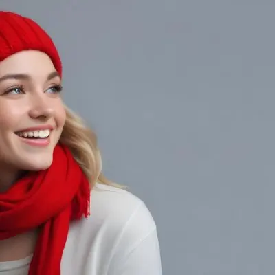 Blonde Woman In Her 20s With Fair Skin Wearing A Red Knit Beanie And A Matching Red Scarf Smiling Brightly Against A Gray Background 108 50bc