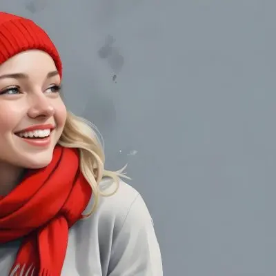 Blonde Woman In Her 20s With Fair Skin Wearing A Red Knit Beanie And A Matching Red Scarf Smiling Brightly Against A Gray Background 33 3fdd
