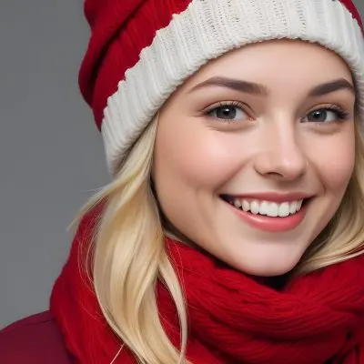 Blonde Woman In Her 20s With Fair Skin Wearing A Red Knit Beanie And A Matching Red Scarf Smiling Brightly Against A Gray Background 49 4143