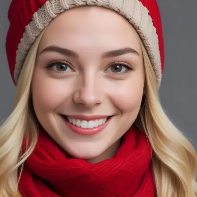 Blonde Woman In Her 20s With Fair Skin Wearing A Red Knit Beanie And A Matching Red Scarf Smiling Brightly Against A Gray Background 55 81c5