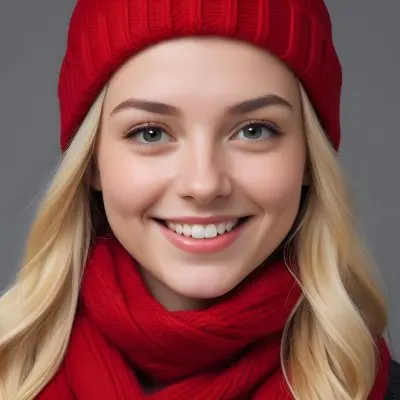 Blonde Woman In Her 20s With Fair Skin Wearing A Red Knit Beanie And A Matching Red Scarf Smiling Brightly Against A Gray Background 63 948e