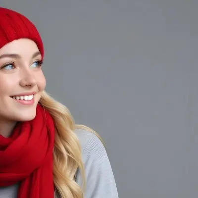 Blonde Woman In Her 20s With Fair Skin Wearing A Red Knit Beanie And A Matching Red Scarf Smiling Brightly Against A Gray Background 66 Aedb