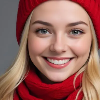 Blonde Woman In Her 20s With Fair Skin Wearing A Red Knit Beanie And A Matching Red Scarf Smiling Brightly Against A Gray Background 89 4685