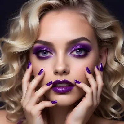 Blonde Woman In Her 20s With Light Skin And Wavy Hair Wearing Bold Purple Eye Makeup And Glossy Purple Nail Polish Posing With Her Hands Near Her Face Against A Dark Background 4 99dd