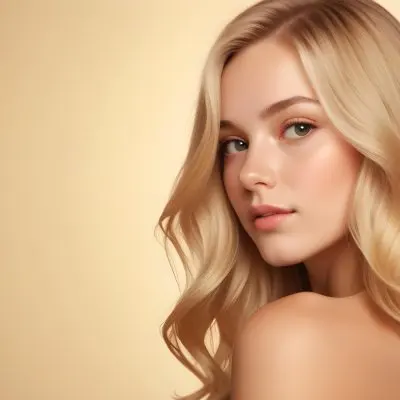 Blonde Woman With Fair Skin Approximately 20 Years Old Featuring Long Wavy Hair She Has A Subtle Glow On Her Skin And Is Looking Over Her Shoulder The Background Is A Soft Warm Beige Color 14 2fd8