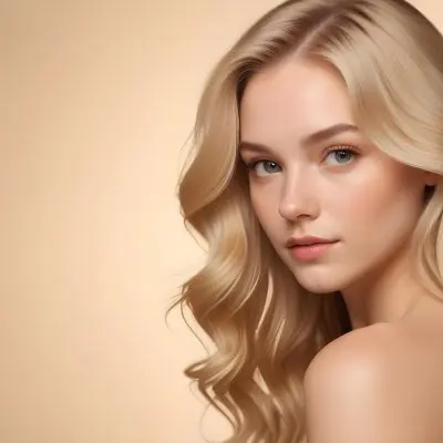 Blonde Woman With Fair Skin Approximately 20 Years Old Featuring Long Wavy Hair She Has A Subtle Glow On Her Skin And Is Looking Over Her Shoulder The Background Is A Soft Warm Beige Color 18 9f8f