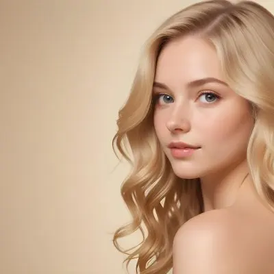 Blonde Woman With Fair Skin Approximately 20 Years Old Featuring Long Wavy Hair She Has A Subtle Glow On Her Skin And Is Looking Over Her Shoulder The Background Is A Soft Warm Beige Color 21 8a44
