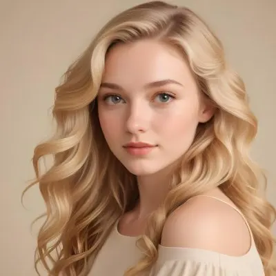 Blonde Woman With Fair Skin Approximately 20 Years Old Featuring Long Wavy Hair She Has A Subtle Glow On Her Skin And Is Looking Over Her Shoulder The Background Is A Soft Warm Beige Color 23 C62d