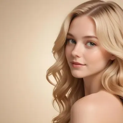 Blonde Woman With Fair Skin Approximately 20 Years Old Featuring Long Wavy Hair She Has A Subtle Glow On Her Skin And Is Looking Over Her Shoulder The Background Is A Soft Warm Beige Color 27 C509