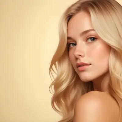 Blonde Woman With Fair Skin Approximately 20 Years Old Featuring Long Wavy Hair She Has A Subtle Glow On Her Skin And Is Looking Over Her Shoulder The Background Is A Soft Warm Beige Color 30 7ed9