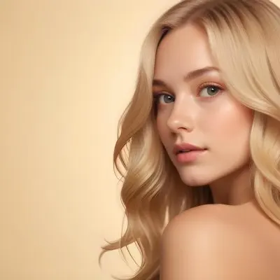 Blonde Woman With Fair Skin Approximately 20 Years Old Featuring Long Wavy Hair She Has A Subtle Glow On Her Skin And Is Looking Over Her Shoulder The Background Is A Soft Warm Beige Color 32 09c1