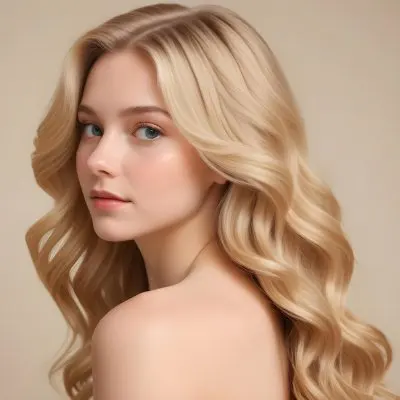 Blonde Woman With Fair Skin Approximately 20 Years Old Featuring Long Wavy Hair She Has A Subtle Glow On Her Skin And Is Looking Over Her Shoulder The Background Is A Soft Warm Beige Color 35 86fa