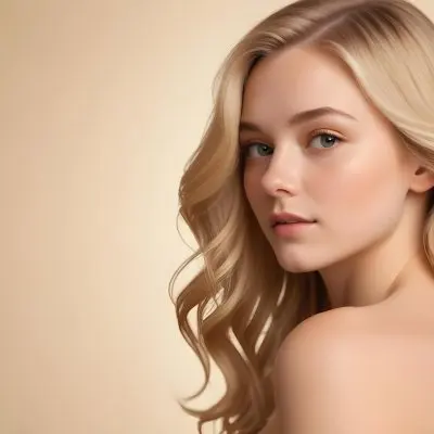 Blonde Woman With Fair Skin Approximately 20 Years Old Featuring Long Wavy Hair She Has A Subtle Glow On Her Skin And Is Looking Over Her Shoulder The Background Is A Soft Warm Beige Color 4 D94f