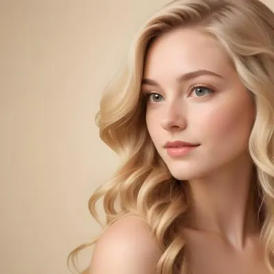 Blonde Woman With Fair Skin Approximately 20 Years Old Featuring Long Wavy Hair She Has A Subtle Glow On Her Skin And Is Looking Over Her Shoulder The Background Is A Soft Warm Beige Color 44 8685