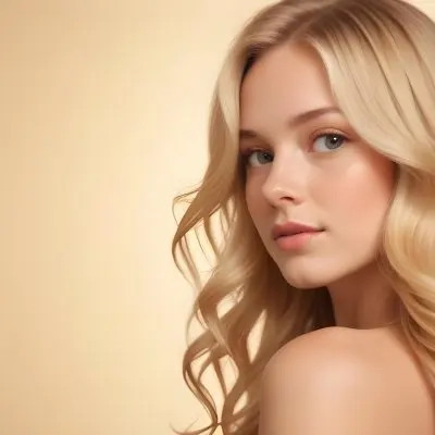 Blonde Woman With Fair Skin Approximately 20 Years Old Featuring Long Wavy Hair She Has A Subtle Glow On Her Skin And Is Looking Over Her Shoulder The Background Is A Soft Warm Beige Color 7 5ef4