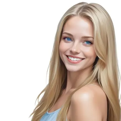 Blonde Woman With Long Straight Hair Light Skin And Blue Eyes Smiling Directly At The Camera With A Plain White Background 12 2c10