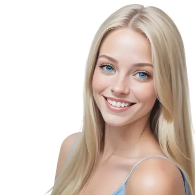 Blonde Woman With Long Straight Hair Light Skin And Blue Eyes Smiling Directly At The Camera With A Plain White Background 16 9125