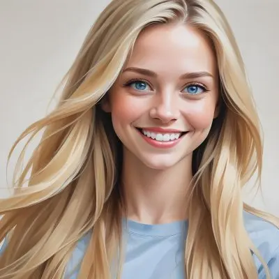 Blonde Woman With Long Straight Hair Light Skin And Blue Eyes Smiling Directly At The Camera With A Plain White Background 21 57ac