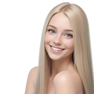 Blonde Woman With Long Straight Hair Light Skin And Blue Eyes Smiling Directly At The Camera With A Plain White Background 36 F016