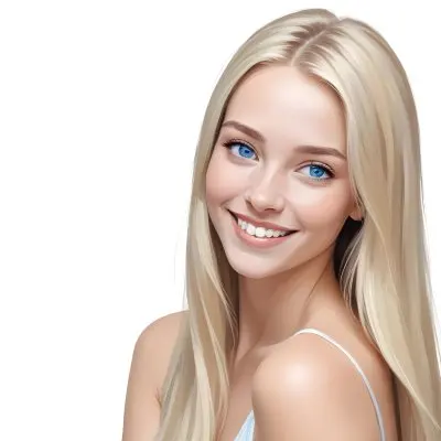 Blonde Woman With Long Straight Hair Light Skin And Blue Eyes Smiling Directly At The Camera With A Plain White Background 48 Ffba