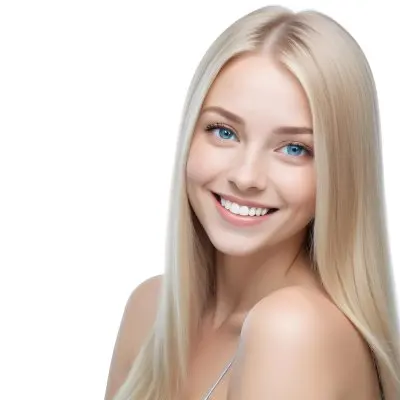 Blonde Woman With Long Straight Hair Light Skin And Blue Eyes Smiling Directly At The Camera With A Plain White Background 51 95d1