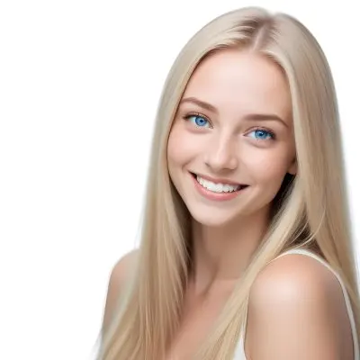 Blonde Woman With Long Straight Hair Light Skin And Blue Eyes Smiling Directly At The Camera With A Plain White Background 53 Fe60