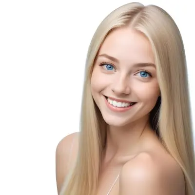 Blonde Woman With Long Straight Hair Light Skin And Blue Eyes Smiling Directly At The Camera With A Plain White Background 55 59e9