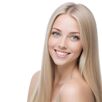 Blonde Woman With Long Straight Hair Light Skin And Blue Eyes Smiling Directly At The Camera With A Plain White Background 57 B506