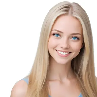Blonde Woman With Long Straight Hair Light Skin And Blue Eyes Smiling Directly At The Camera With A Plain White Background 60 2a55