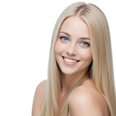 Blonde Woman With Long Straight Hair Light Skin And Blue Eyes Smiling Directly At The Camera With A Plain White Background 64 Bdde