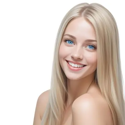 Blonde Woman With Long Straight Hair Light Skin And Blue Eyes Smiling Directly At The Camera With A Plain White Background 8 D954