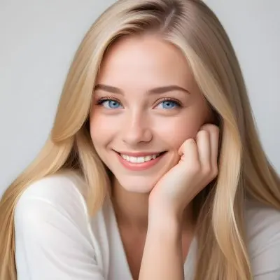 Blonde Woman With Long Straight Hair Light Skin And Blue Eyes Smiling While Resting Her Chin On Her Hand The Background Is Plain White 4 9275