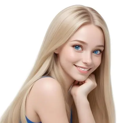 Blonde Woman With Long Straight Hair Light Skin And Blue Eyes Smiling While Resting Her Chin On Her Hand The Background Is Plain White 8 A3ef