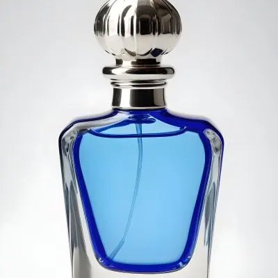 Blue Glass Perfume Bottle With A Silver Cap On A White Background 25 F988