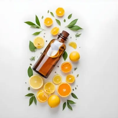 Bottle Of Essential Oil Surrounded By Fresh Citrus Fruits Leaves And Herbs 13