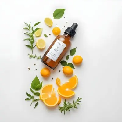 Bottle Of Essential Oil Surrounded By Fresh Citrus Fruits Leaves And Herbs On A White Background 1