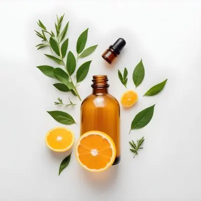 Bottle Of Essential Oil Surrounded By Fresh Citrus Fruits Leaves And Herbs On A White Background 20