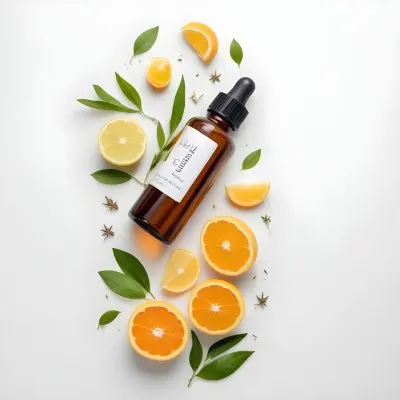 Bottle Of Essential Oil Surrounded By Fresh Citrus Fruits Leaves And Herbs On A White Background 5 7d83