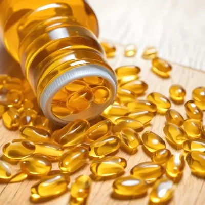 Bottle Of Golden Fish Oil Capsules Spilled On A Wooden Surface 13 E336