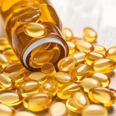 Bottle Of Golden Fish Oil Capsules Spilled On A Wooden Surface 9 6e71