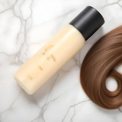 Bottle Of Shampoo With White Cap And A Lock Of Brown Hair On A White Marble Background 1 A1a9
