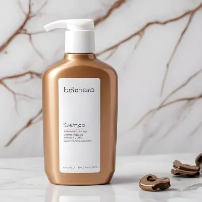 Bottle Of Shampoo With White Cap And A Lock Of Brown Hair On A White Marble Background 10 8986