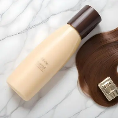 Bottle Of Shampoo With White Cap And A Lock Of Brown Hair On A White Marble Background 8 93a7