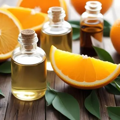 Bottles Of Essential Oil With Orange Slices And Leaves On A Wooden Surface 14 23a1